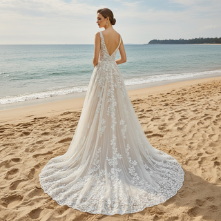 Elegant Tulle and Lace A-line Wedding Dress with Vneck