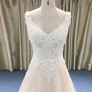 Elegant V-neck A-line Lace Appliqued Wedding Dress with Low Back