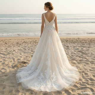 Elegant V-neck A-line Lace Appliqued Wedding Dress with Low Back