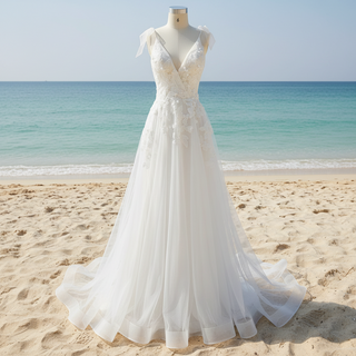Simple A-line Tulle Lace Low Back Wedding Dress with Deep V-neck
