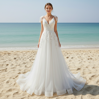 Simple A-line Tulle Lace Low Back Wedding Dress with Deep V-neck