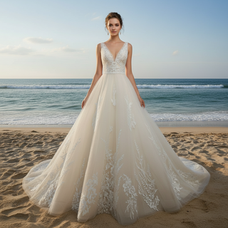 Classic A Line Deep V-Neck Wedding Dresses with Lace Applique