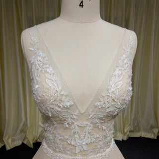 Classic A Line Deep V-Neck Wedding Dresses with Lace Applique