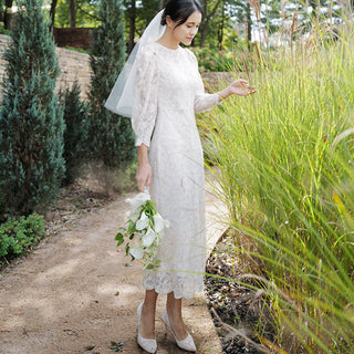 A-line Vintage-style Bridal gown Tea Length Wedding Dress 3/4 Sleeve - Rosymae