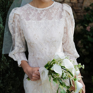 A-line Vintage-style Bridal gown Tea Length Wedding Dress 3/4 Sleeve - Rosymae