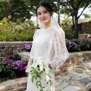 A-line Vintage-style Bridal gown Tea Length Wedding Dress 3/4 Sleeve - Rosymae