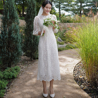 A-line Vintage-style Bridal gown Tea Length Wedding Dress 3/4 Sleeve - Rosymae