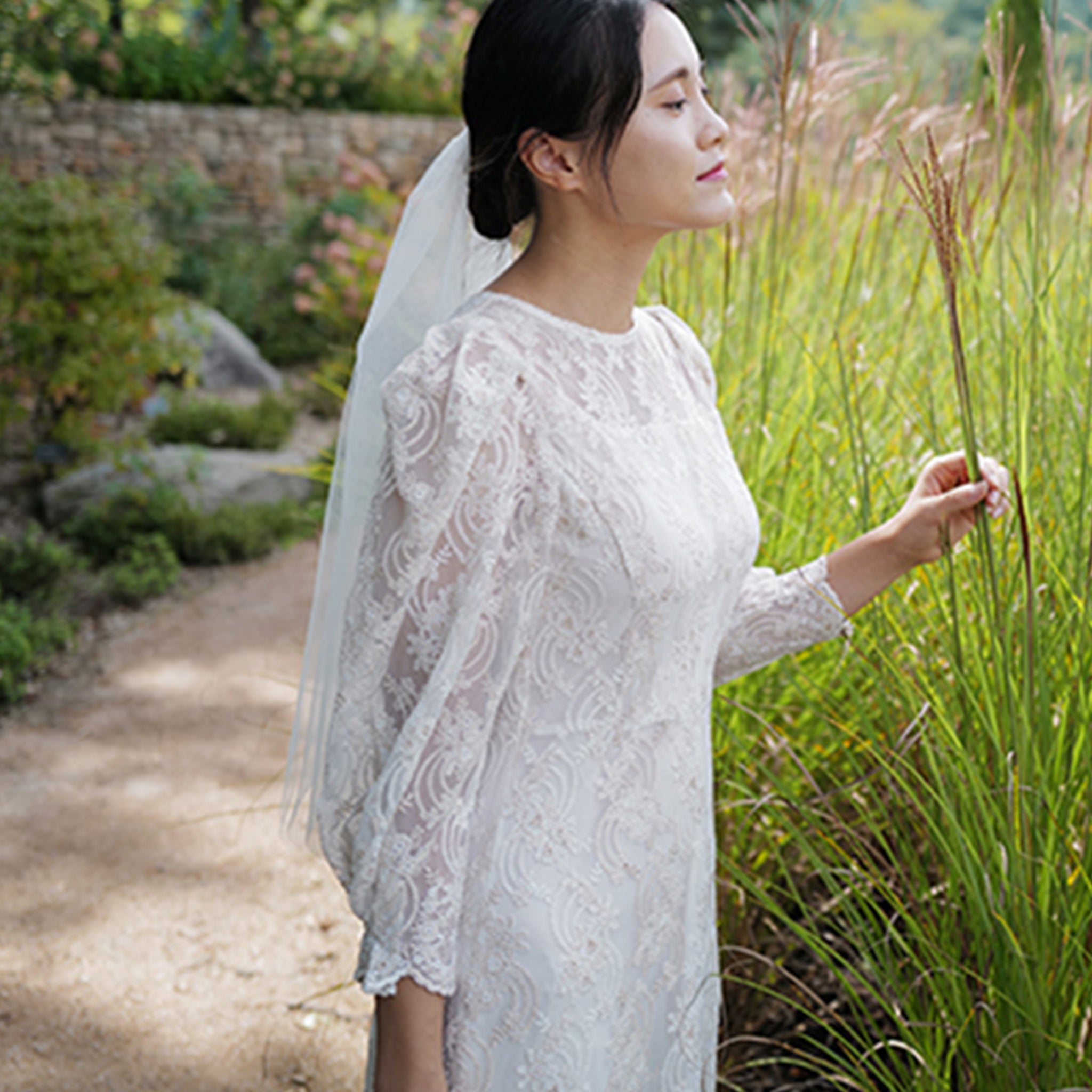 Vintage A-line Tea Length Bridal Gown, 3/4 Sleeve Off White / 16