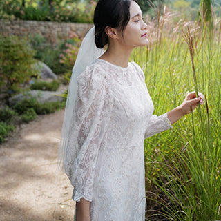 A-line Vintage-style Bridal gown Tea Length Wedding Dress 3/4 Sleeve - Rosymae
