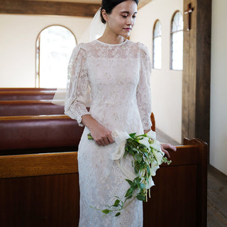 A-line Vintage-style Bridal gown Tea Length Wedding Dress 3/4 Sleeve - Rosymae