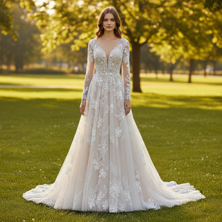 Romantic Low Open Back Long Sleeve Lace Wedding Dress with Vneck
