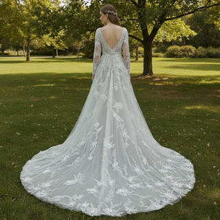 Romantic Low Open Back Long Sleeve Lace Wedding Dress with Vneck