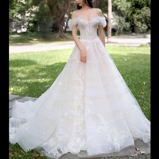 Tulle Off the Shoulder A Line Wedding Dress with Lace Applique