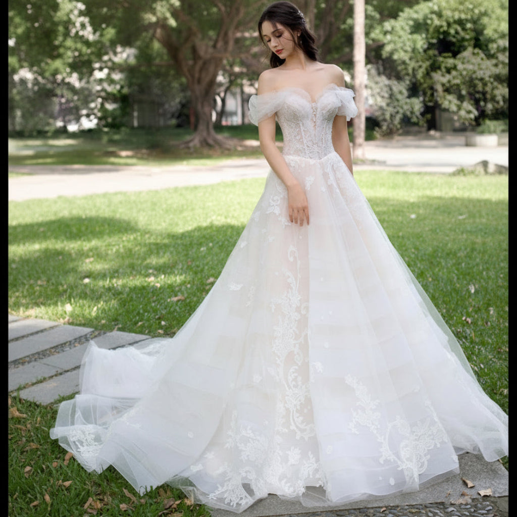 Tulle Off the Shoulder A Line Wedding Dress with Lace Applique Rosymae Tulle Off the Shoulder A Line Wedding Dress with Lace Applique Rosymae