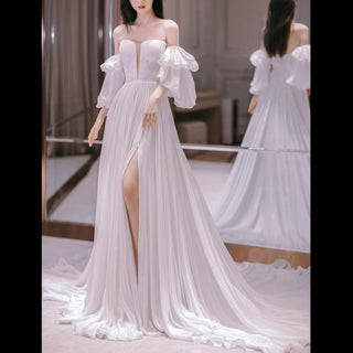 Strapless Chiffon Detachable Sleeve Wedding Dress with High Leg Slit