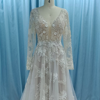 Low Open Back Long Sleeve Lace Wedding Dress with Vneck