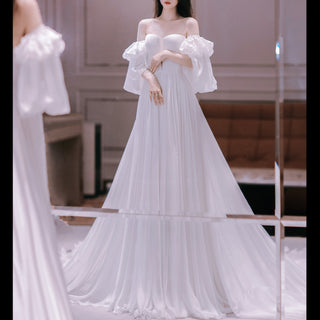 Strapless Chiffon Detachable Sleeve Wedding Dress with High Leg Slit