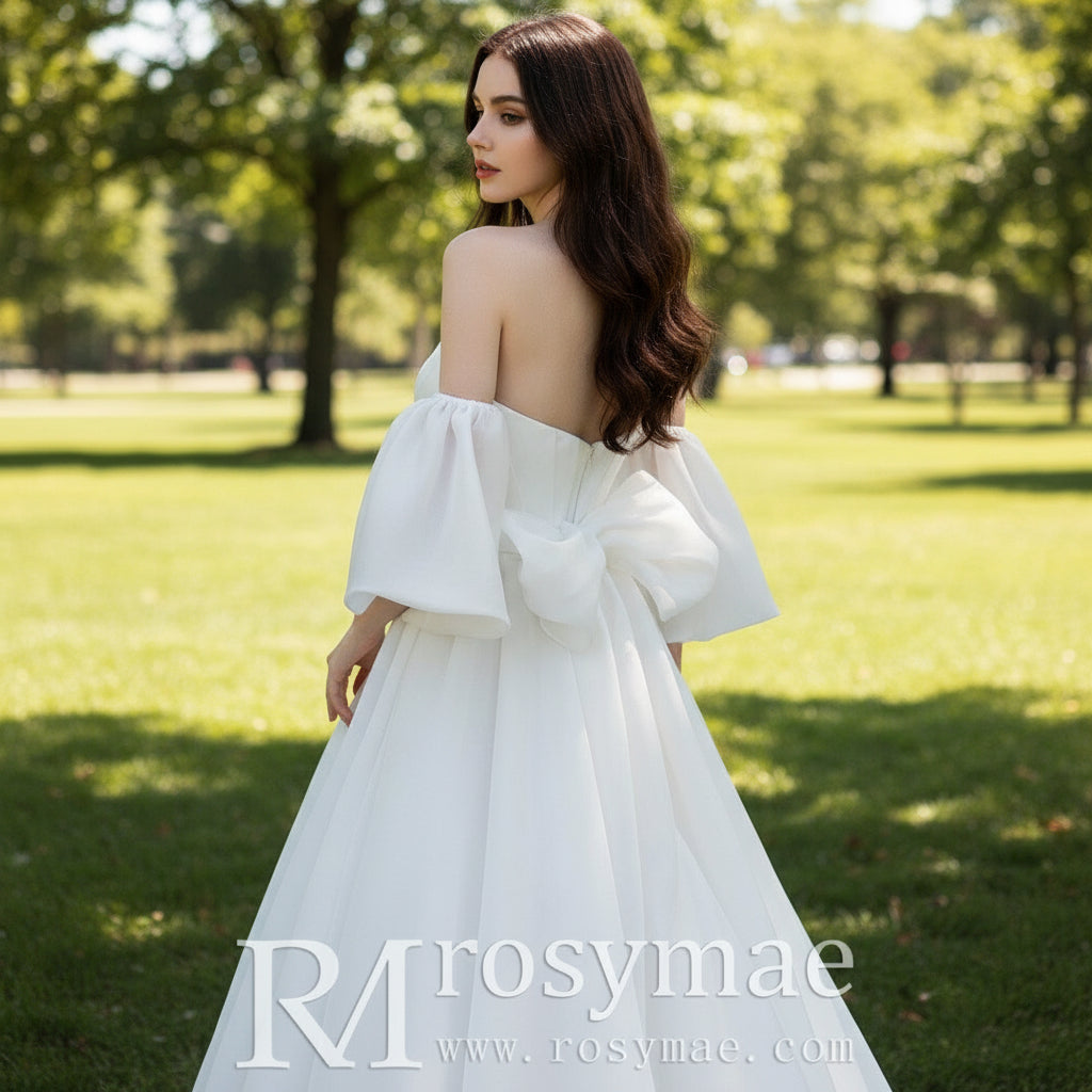 Princess A-line Wedding Dress with Detachable Puff Sleeves White / 22W Princess A-line Wedding Dress with Detachable Puff Sleeves White / 22W