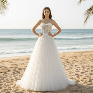 A-Line/Princess Curve Neck Tulle Floor Length Wedding Dress - Rosymae