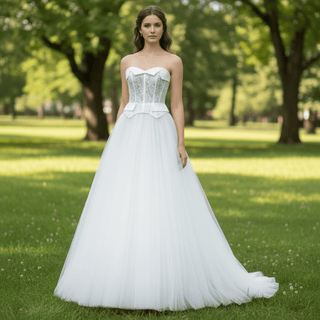 A-Line/Princess Curve Neck Tulle Floor Length Wedding Dress - Rosymae