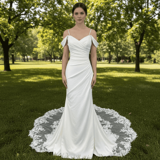 Affordable Mermaid Spaghetti Straps Wedding Dress with Off Shoulder - Rosymae