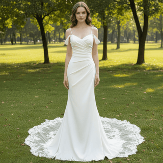 Affordable Mermaid Spaghetti Straps Wedding Dress with Off Shoulder - Rosymae