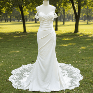 Affordable Mermaid Spaghetti Straps Wedding Dress with Off Shoulder - Rosymae