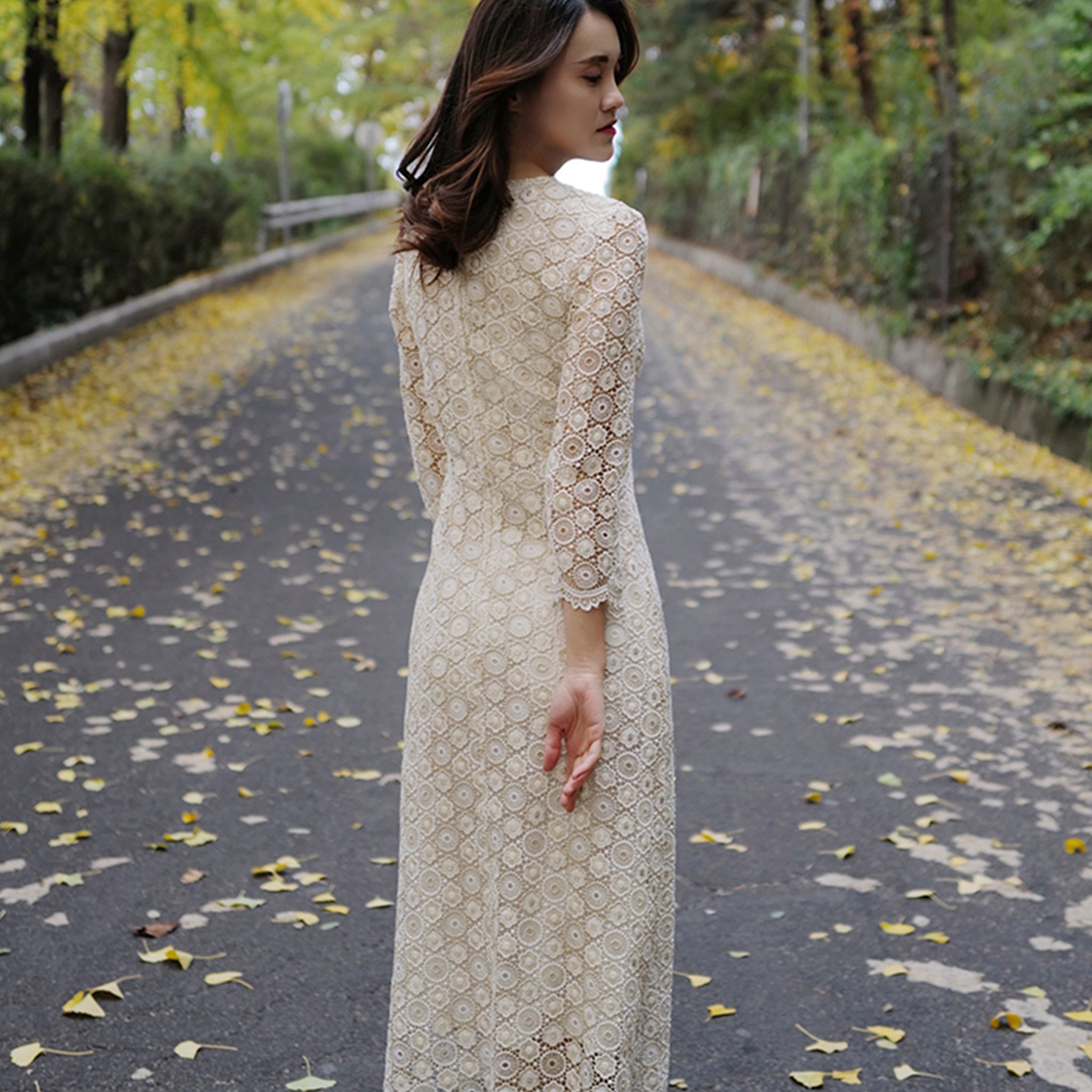 Classic V-neck Midi-length Floral Lace Wedding Dress with 3/4 Sleeve Off White / 6 Classic V-neck Midi-length Floral Lace Wedding Dress with 3/4 Sleeve Off White / 6