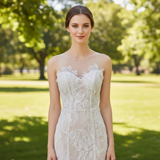 All-Over Lace Fit-and-Flare Wedding Dress with Sheer Neck and Back - Rosymae