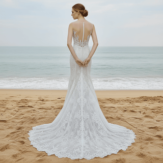 All-Over Lace Fit-and-Flare Wedding Dress with Sheer Neck and Back - Rosymae
