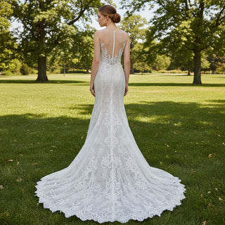 All-Over Lace Fit-and-Flare Wedding Dress with Sheer Neck and Back - Rosymae