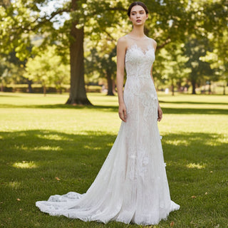 All-Over Lace Fit-and-Flare Wedding Dress with Sheer Neck and Back - Rosymae
