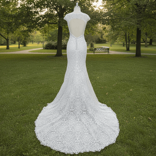 Allover Lace Cap Sleeve Mermaid Wedding Dress with Keyhole Back - Rosymae