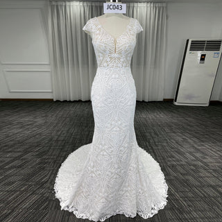 Allover Lace Cap Sleeve Mermaid Wedding Dress with Keyhole Back - Rosymae
