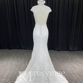 Allover Lace Cap Sleeve Mermaid Wedding Dress with Keyhole Back - Rosymae