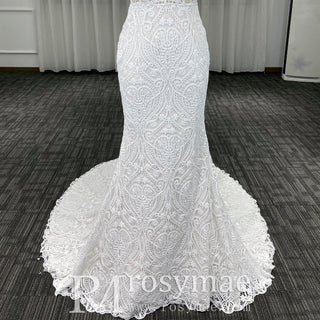 Allover Lace Cap Sleeve Mermaid Wedding Dress with Keyhole Back - Rosymae