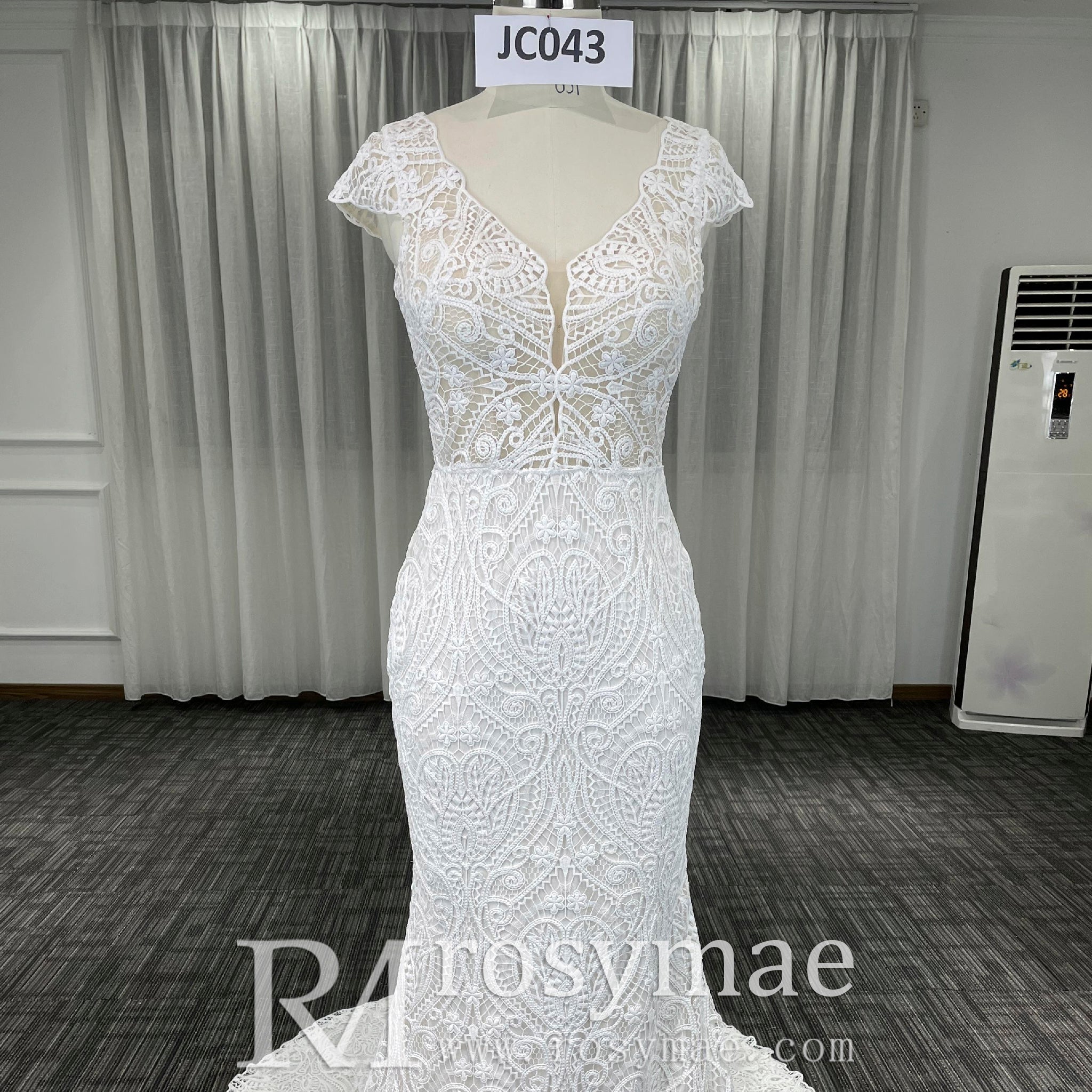 Allover Lace Cap Sleeve Mermaid Wedding Dress with Keyhole Back - Rosymae