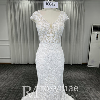 Allover Lace Cap Sleeve Mermaid Wedding Dress with Keyhole Back - Rosymae