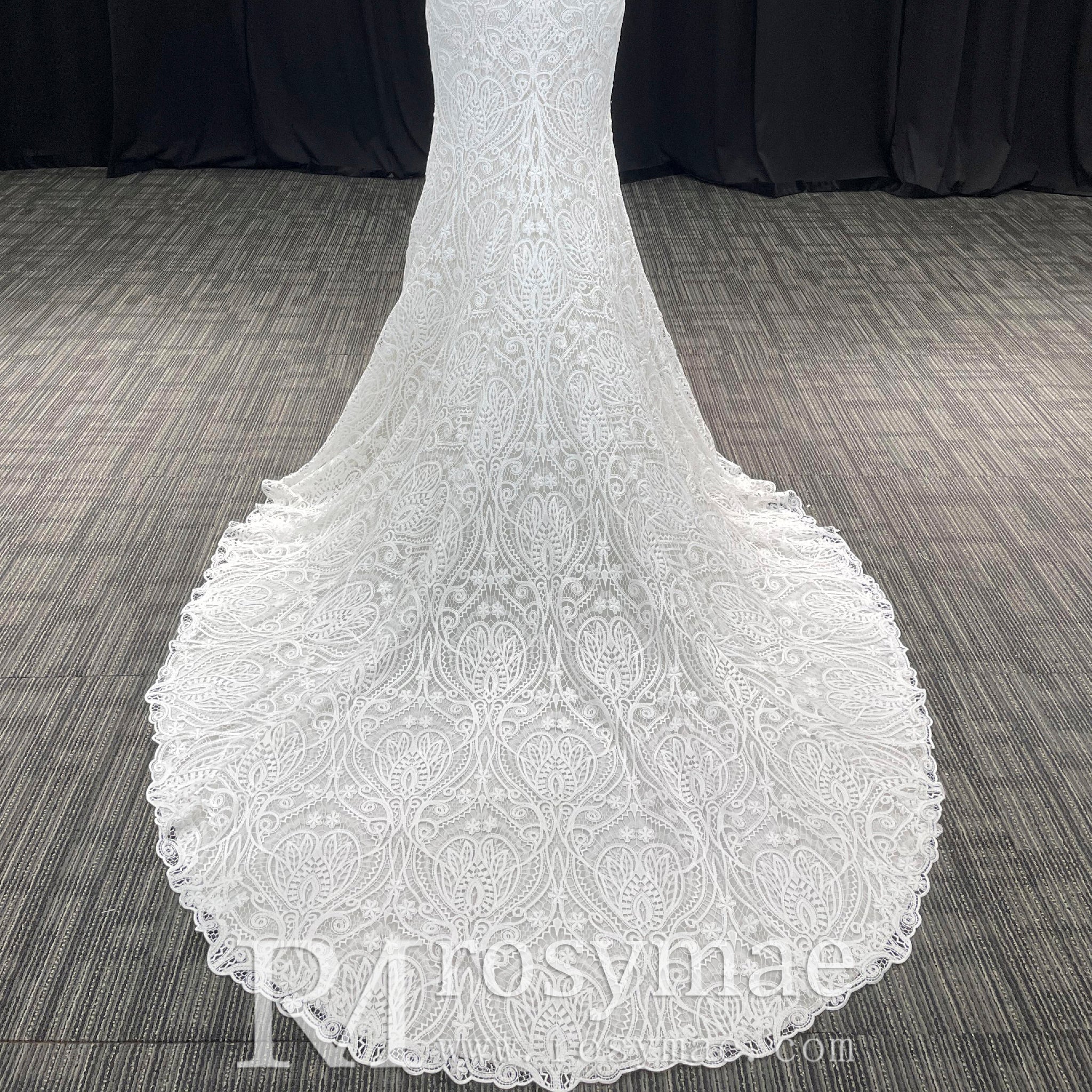 Allover Lace Cap Sleeve Mermaid Wedding Dress with Keyhole Back - Rosymae