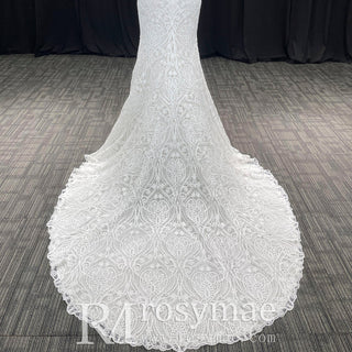 Allover Lace Cap Sleeve Mermaid Wedding Dress with Keyhole Back - Rosymae