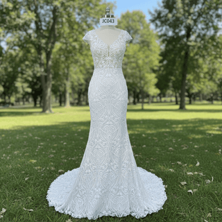Allover Lace Cap Sleeve Mermaid Wedding Dress with Keyhole Back - Rosymae