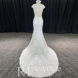 Allover Lace Cap Sleeve Mermaid Wedding Dress with Keyhole Back - Rosymae