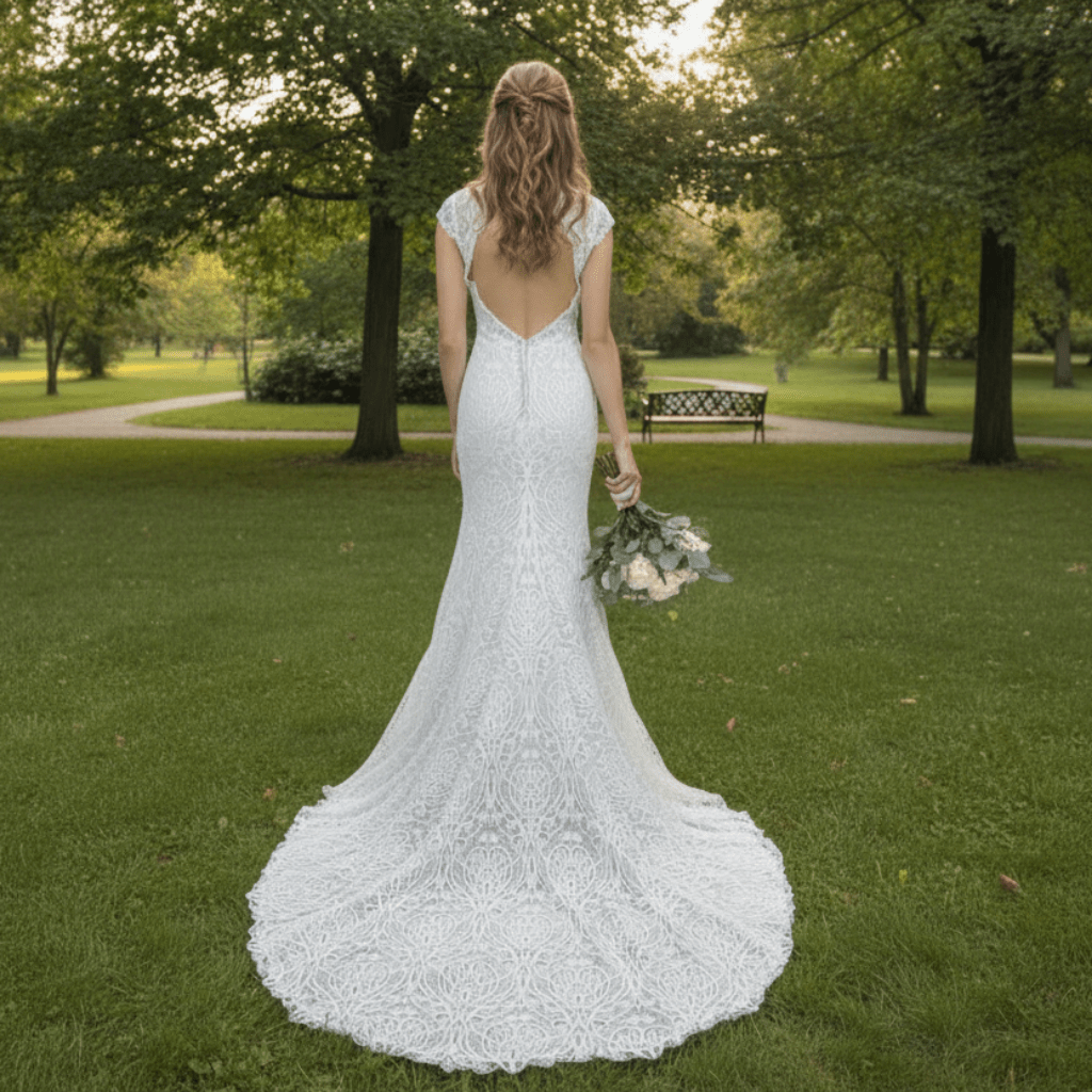 Allover Lace Cap Sleeve Mermaid Wedding Dress with Keyhole Back - Rosymae