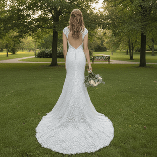 Allover Lace Cap Sleeve Mermaid Wedding Dress with Keyhole Back - Rosymae