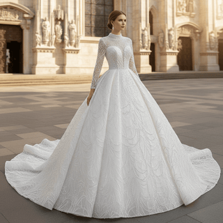Arab Long Sleeve High Neck Ball Gown Wedding Dress with Keyhole - Rosymae