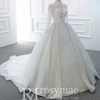 Arab Long Sleeve High Neck Ball Gown Wedding Dress with Keyhole - Rosymae