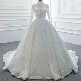 Arab Long Sleeve High Neck Ball Gown Wedding Dress with Keyhole - Rosymae