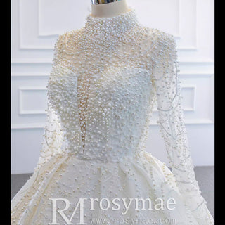 Arab Long Sleeve High Neck Ball Gown Wedding Dress with Keyhole - Rosymae