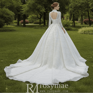Arab Long Sleeve High Neck Ball Gown Wedding Dress with Keyhole - Rosymae