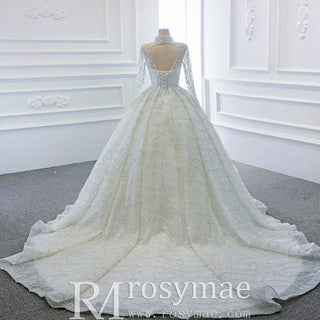 Arab Long Sleeve High Neck Ball Gown Wedding Dress with Keyhole - Rosymae